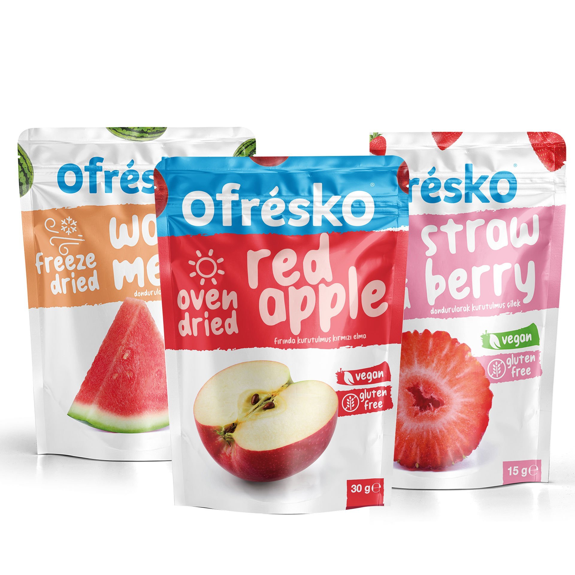 Ofrésko Mix Freeze Dry - Dondurularak Kurutulmuş  Karpuz, Çi̇lek, Oven Dry - Fırında Kurutulmuş Kırmızı Elma