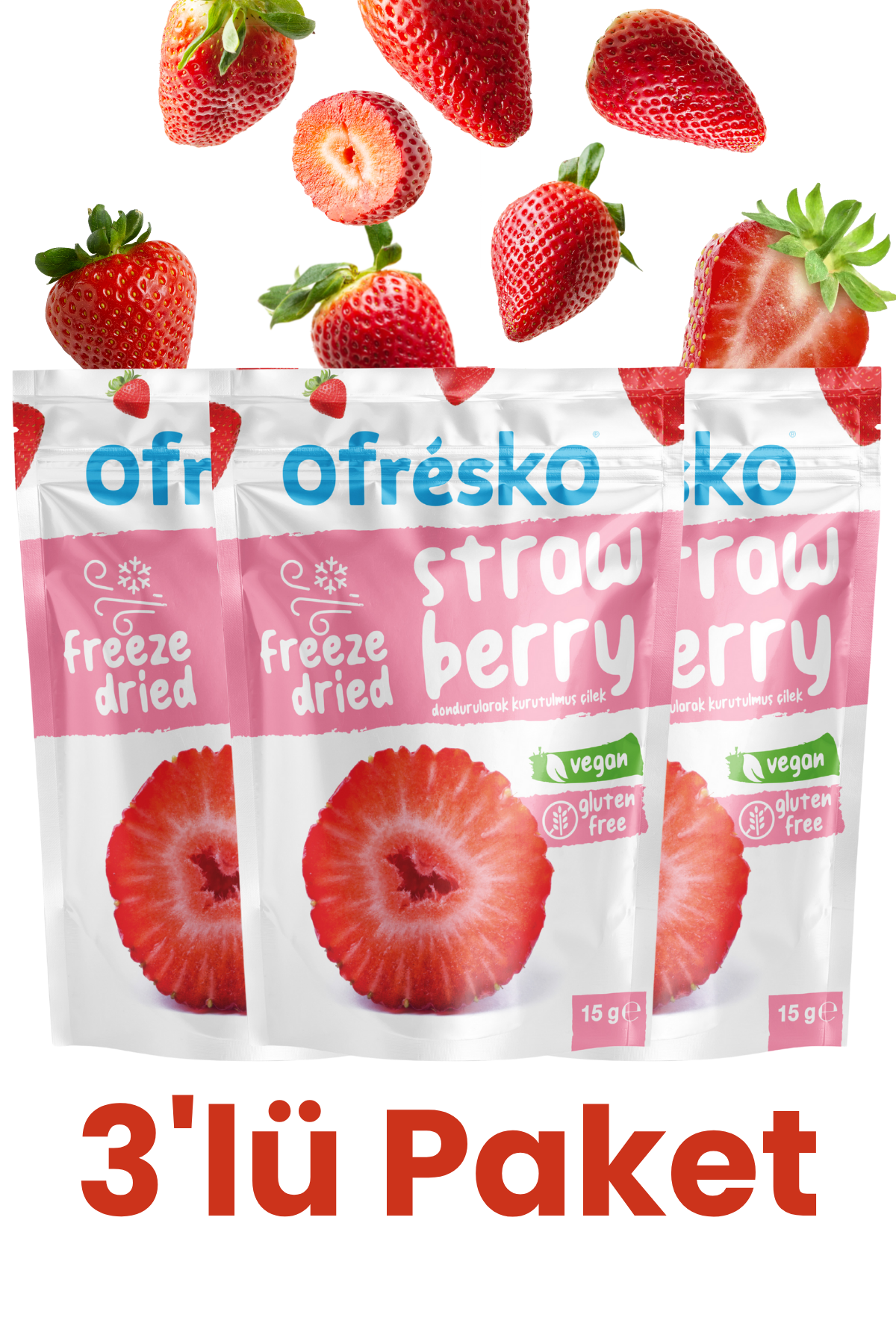 Ofresko Çilek Kuru Meyve Cipsi Freeze Dry 3'lü Paket - Dondurularak Kurutulmuş Kuru Meyve Çilek